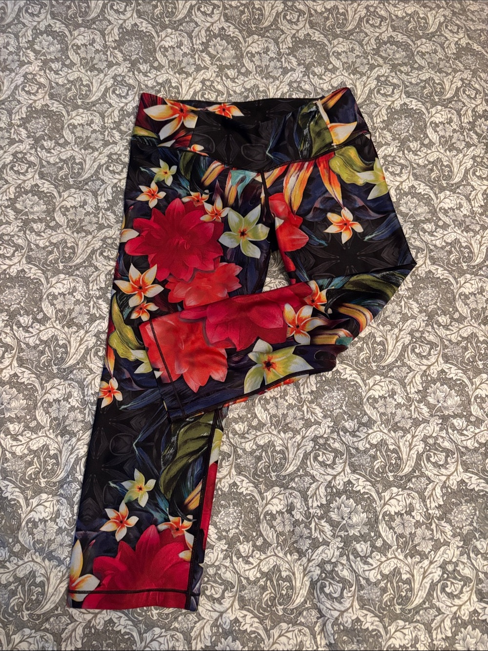 CALIA by Carrie Underwood Black Floral Print Leggings with Red & Green Accents
